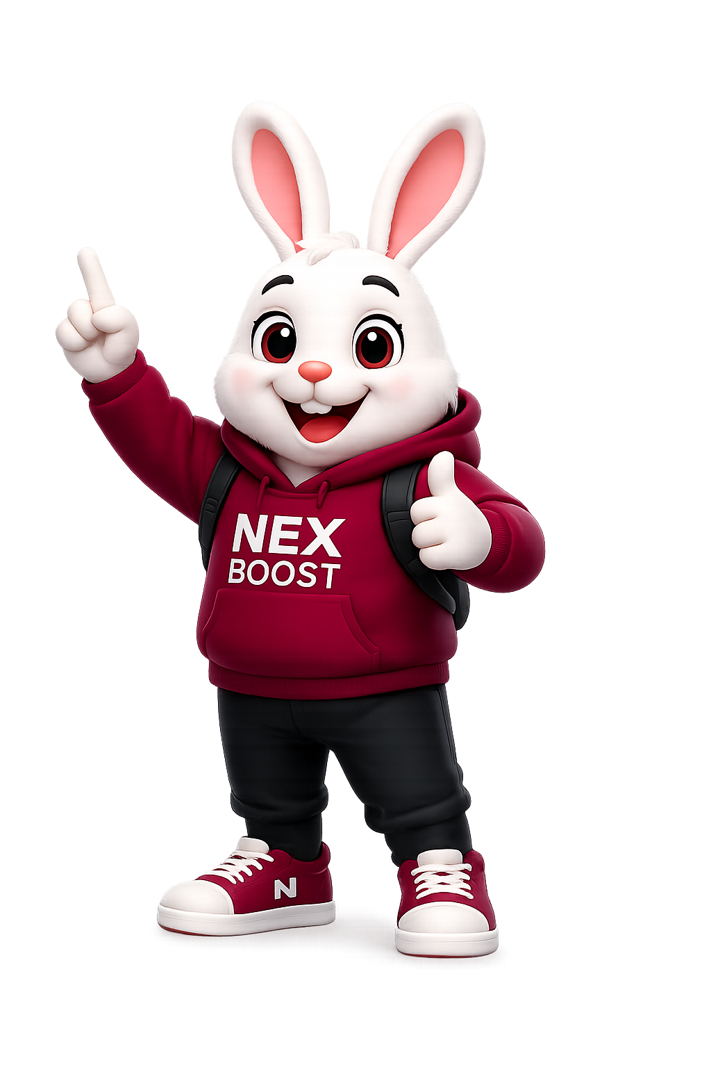 Confident Mascot bunny pointing to charts